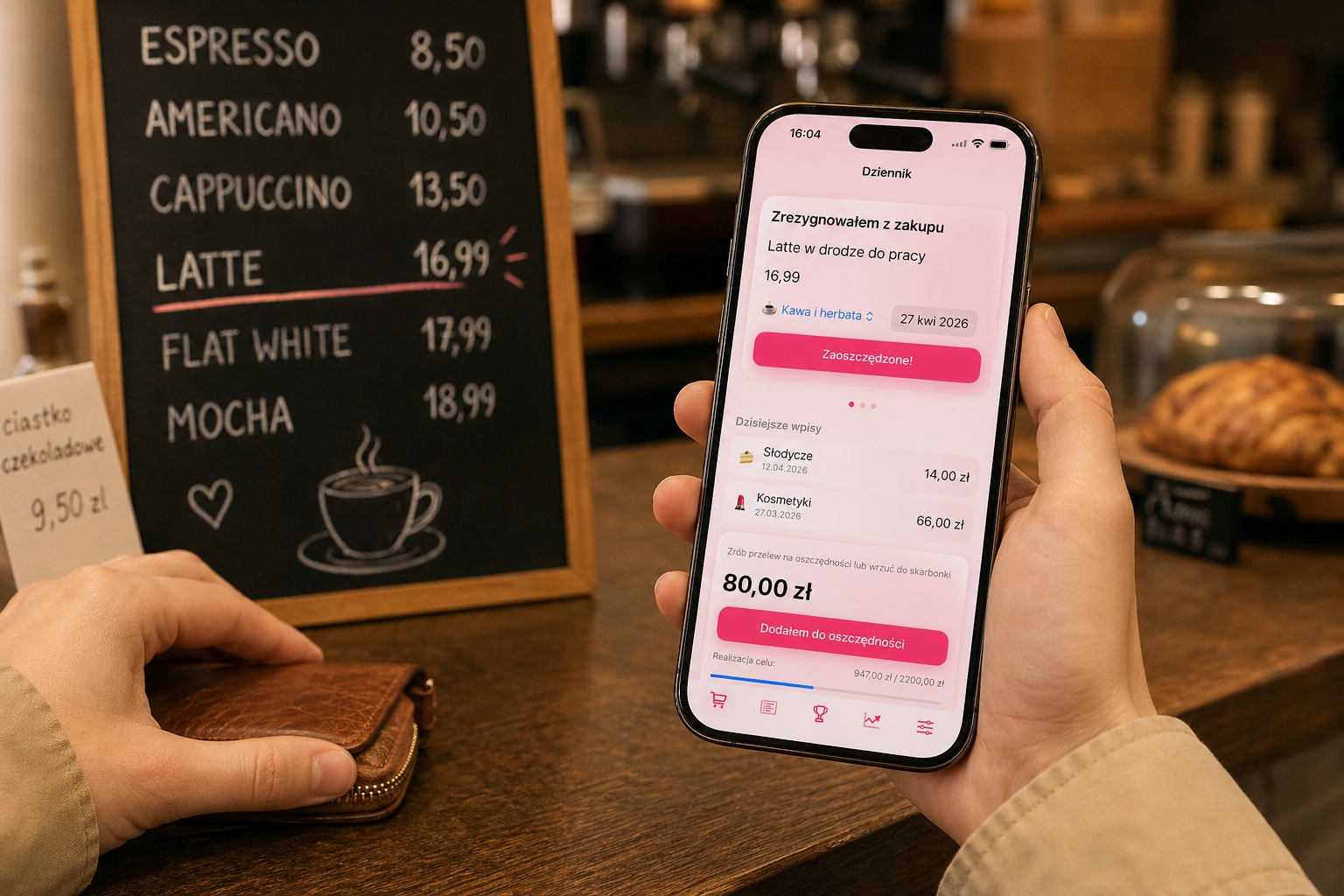 Telefon z aplikacją Chrumek w kawiarni obok menu, pokazujący rezygnację z latte za 16,99 zł