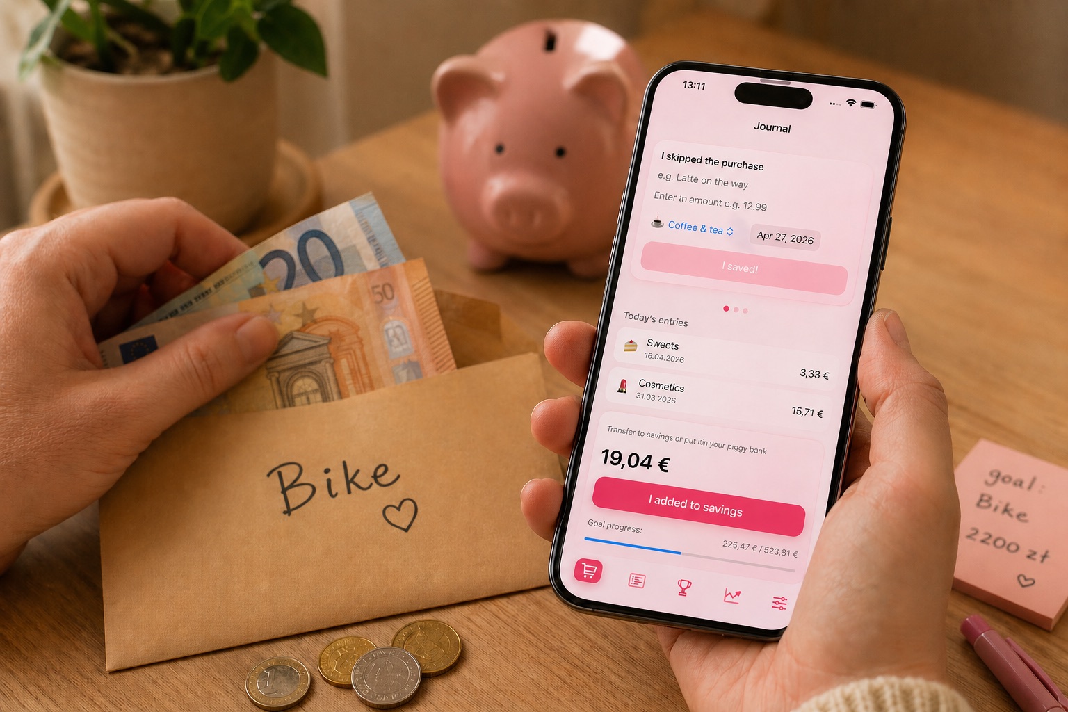 一部显示 Chrumek 应用的手机，旁边有写着 Bike 的信封、存钱罐和正在存下的钱