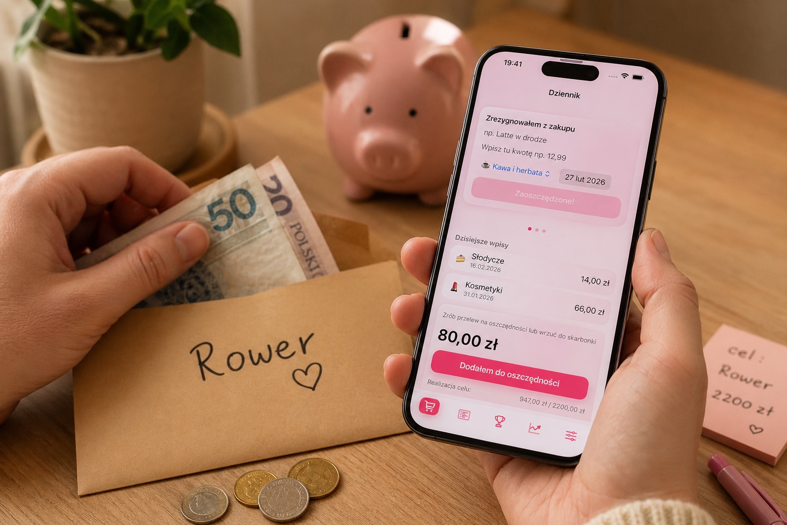 Telefon z aplikacją Chrumek obok koperty z napisem Rower, skarbonki i odkładanych pieniędzy