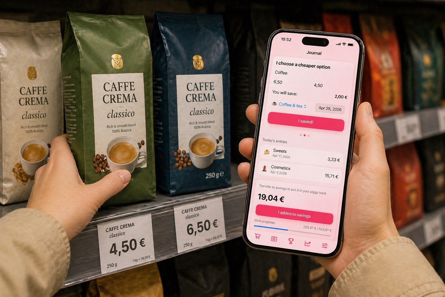 咖啡货架旁的一部手机显示 Chrumek 应用，记录了选择更便宜商品后省下的 2.00 欧元