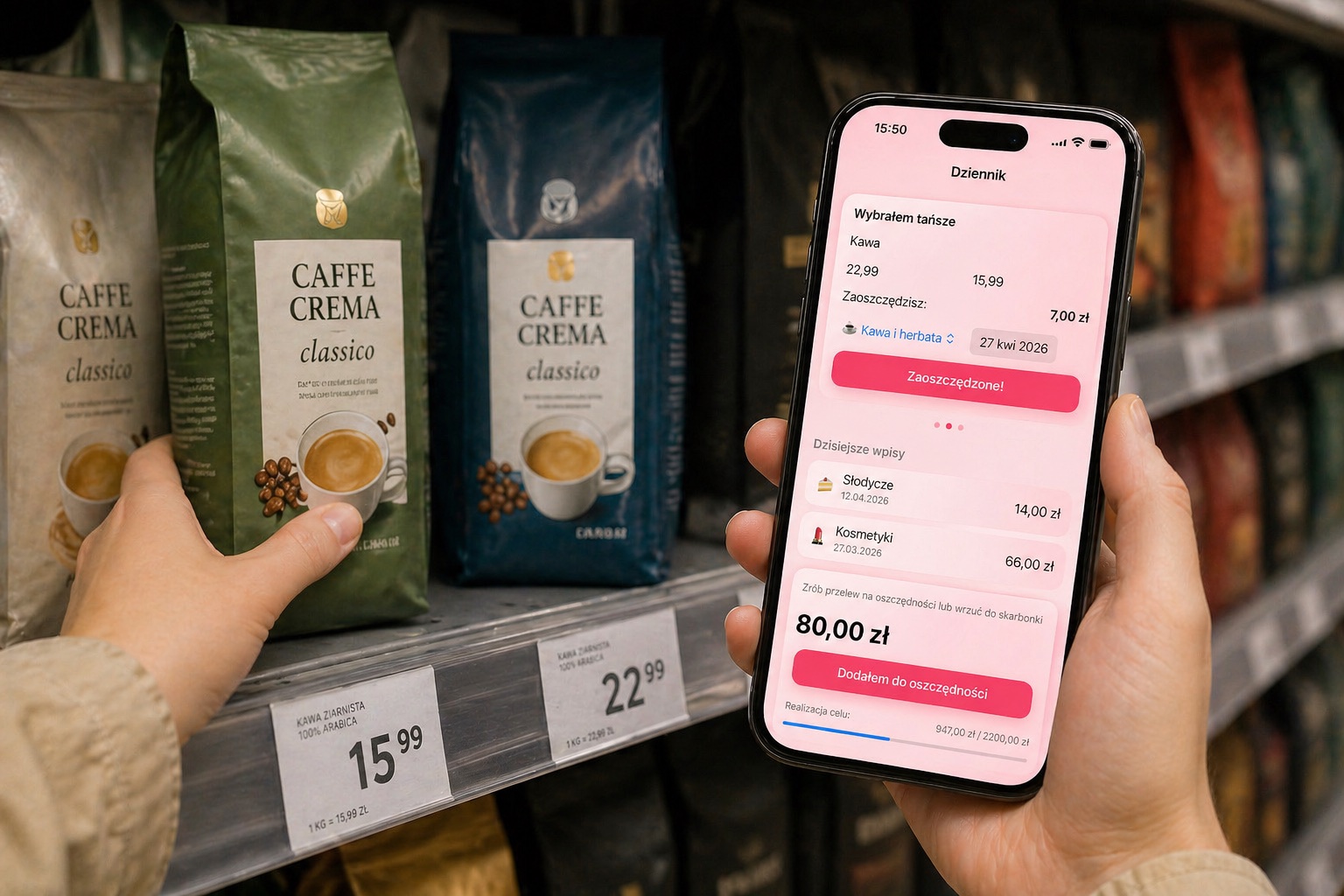 Telefon z aplikacją Chrumek przy półce z kawą, pokazujący zapisanie 7 zł różnicy po wyborze tańszego produktu