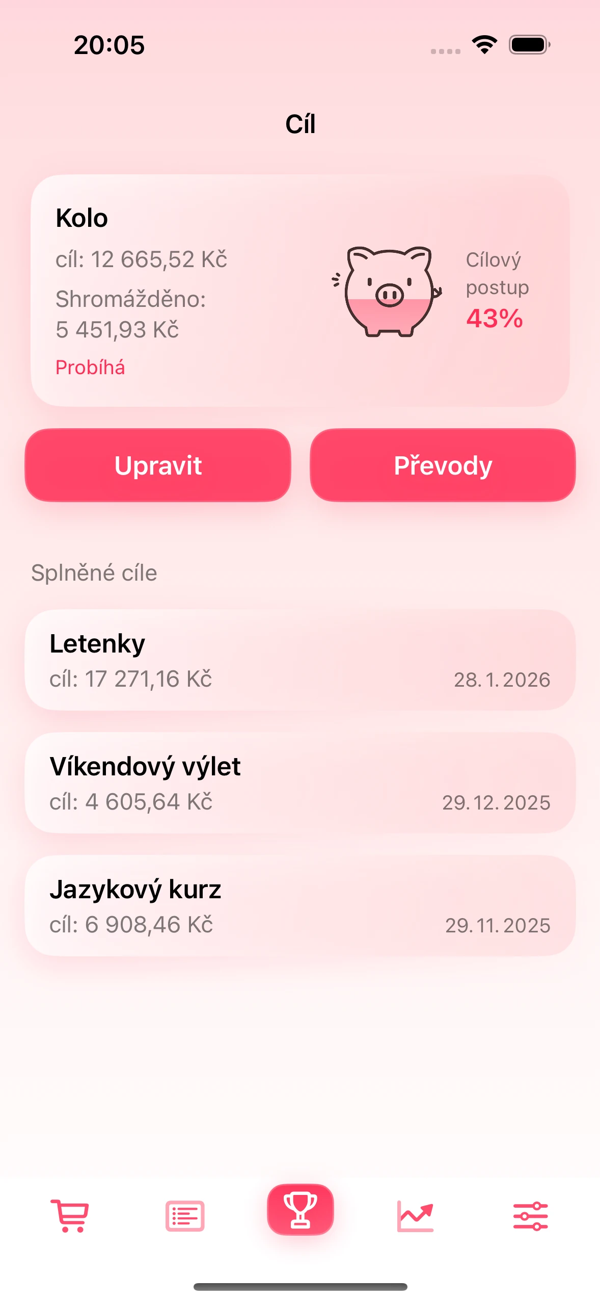 Obrazovka spořicího cíle v aplikaci