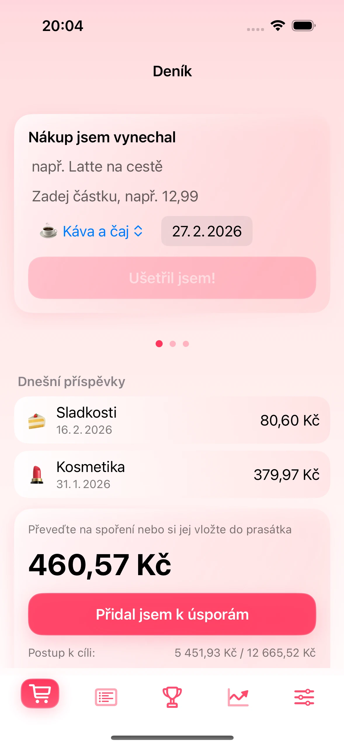 Obrazovka Deník v aplikaci Chrumek