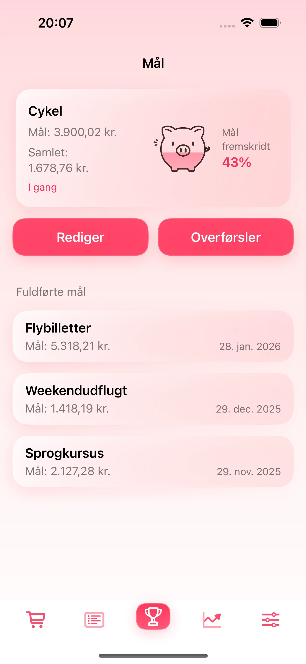 Skærmen med opsparingsmål i appen