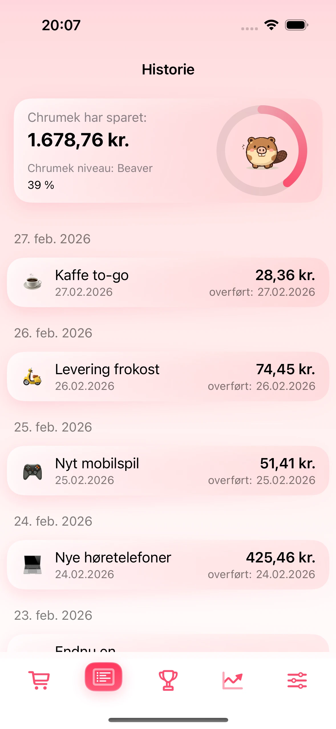 Historikskærmen med bekræftede besparelser
