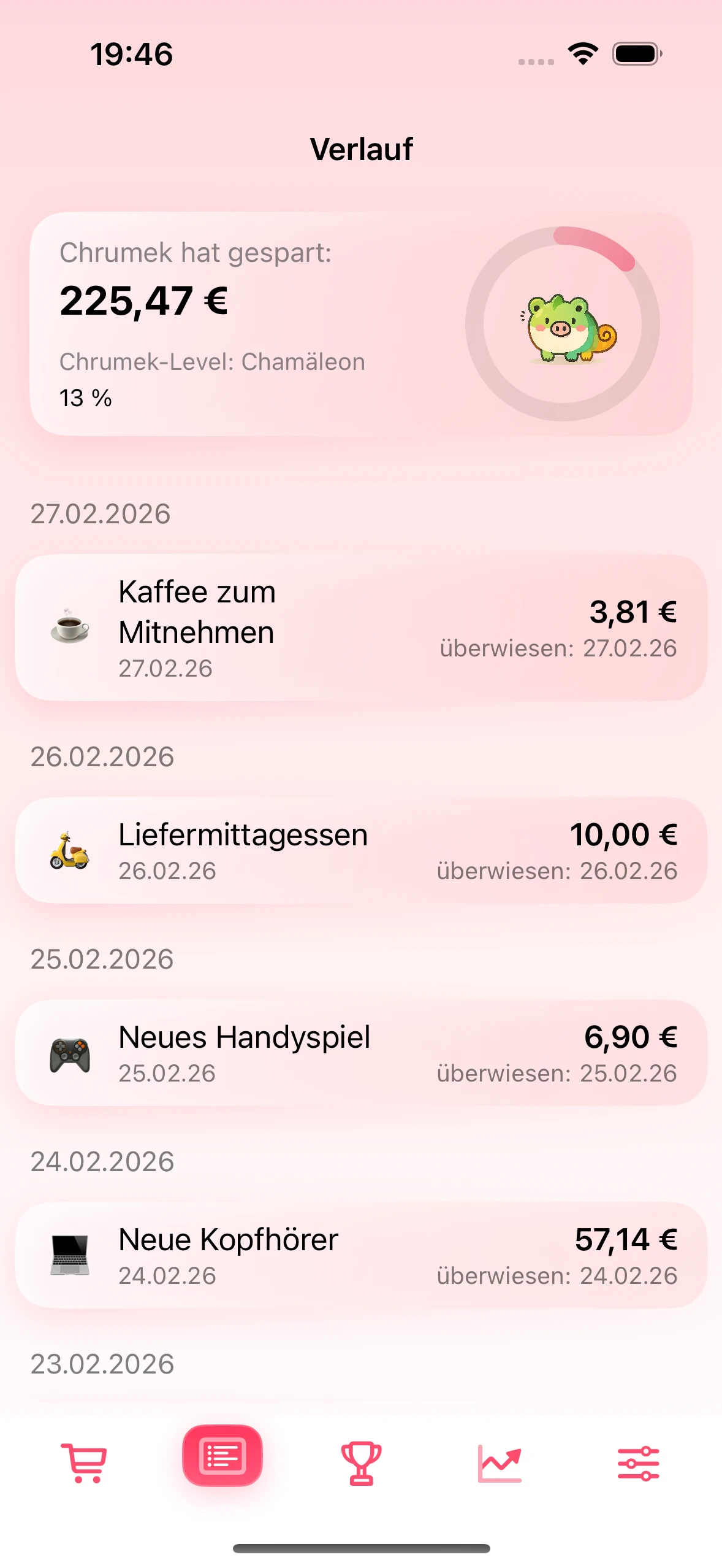 Verlaufsansicht mit bestätigten Ersparnissen