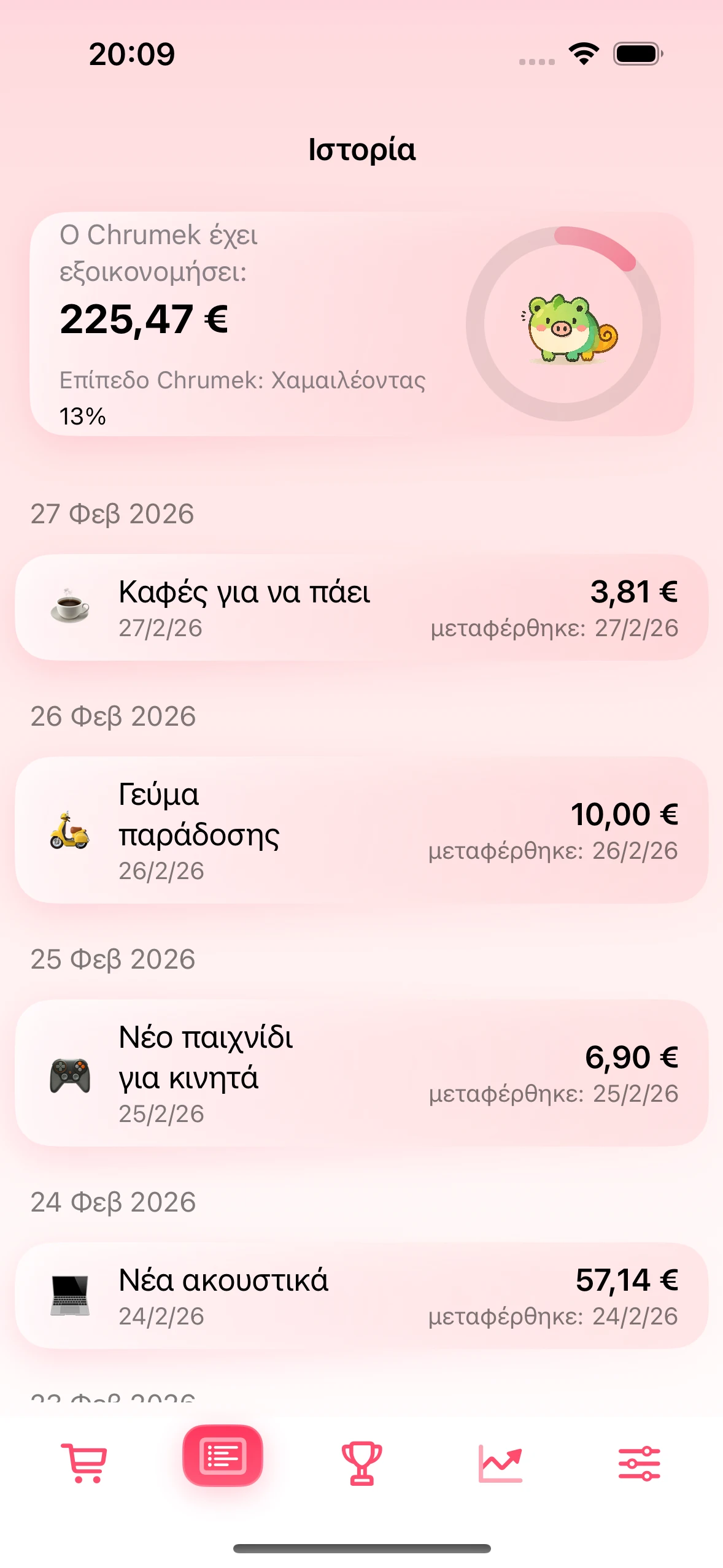 Οθόνη ιστορικού με επιβεβαιωμένες αποταμιεύσεις