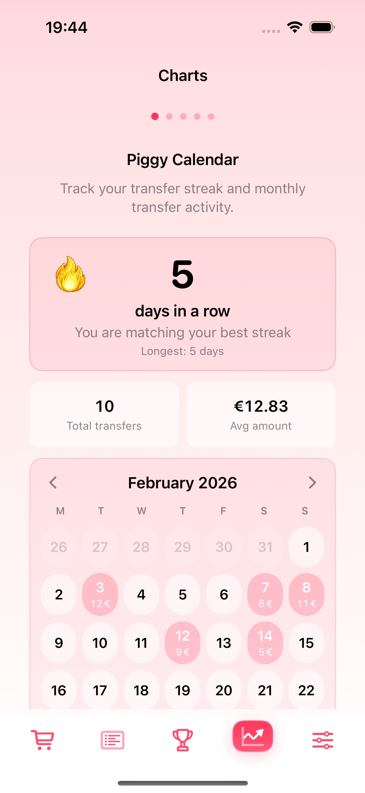 Transfer calendar screen in the app
