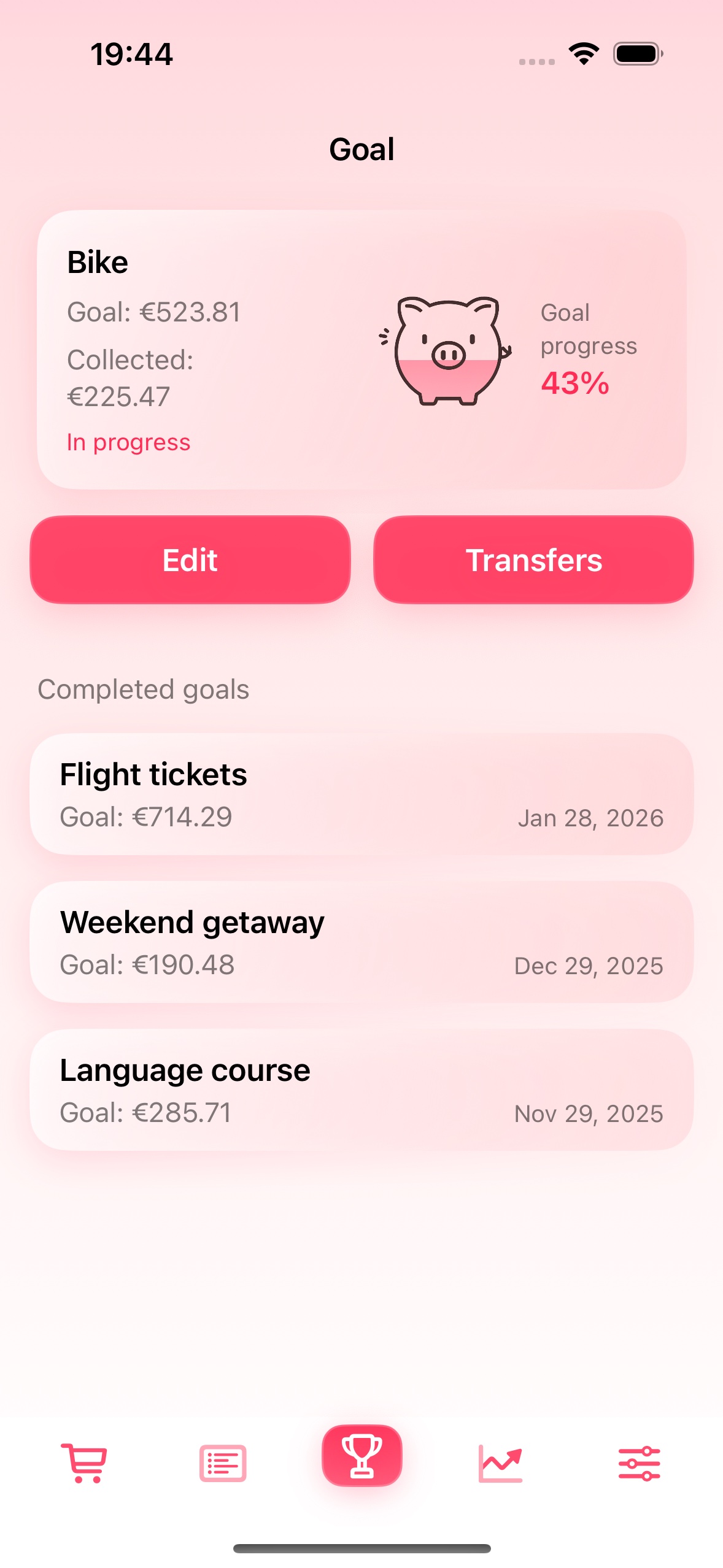 Savings goal screen in the app