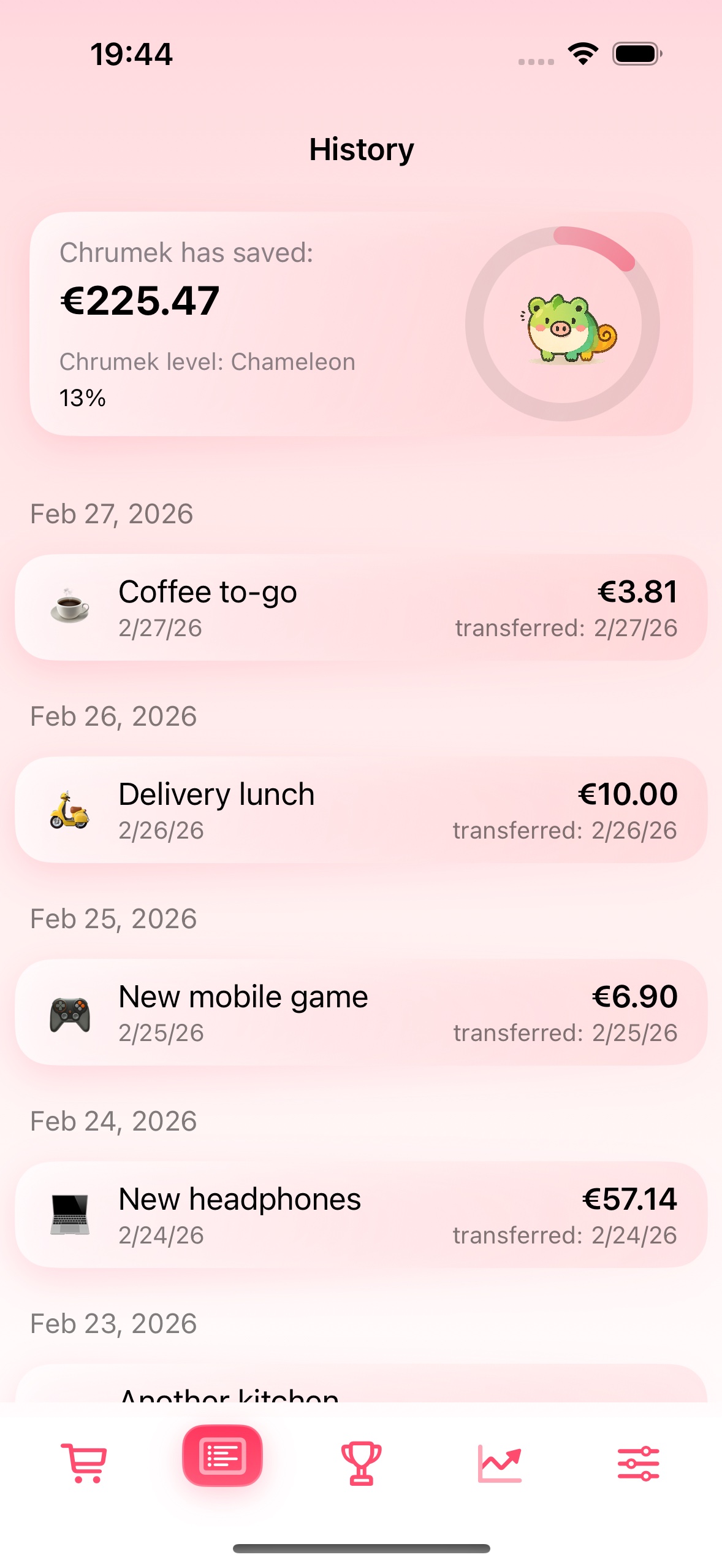 History screen with confirmed savings