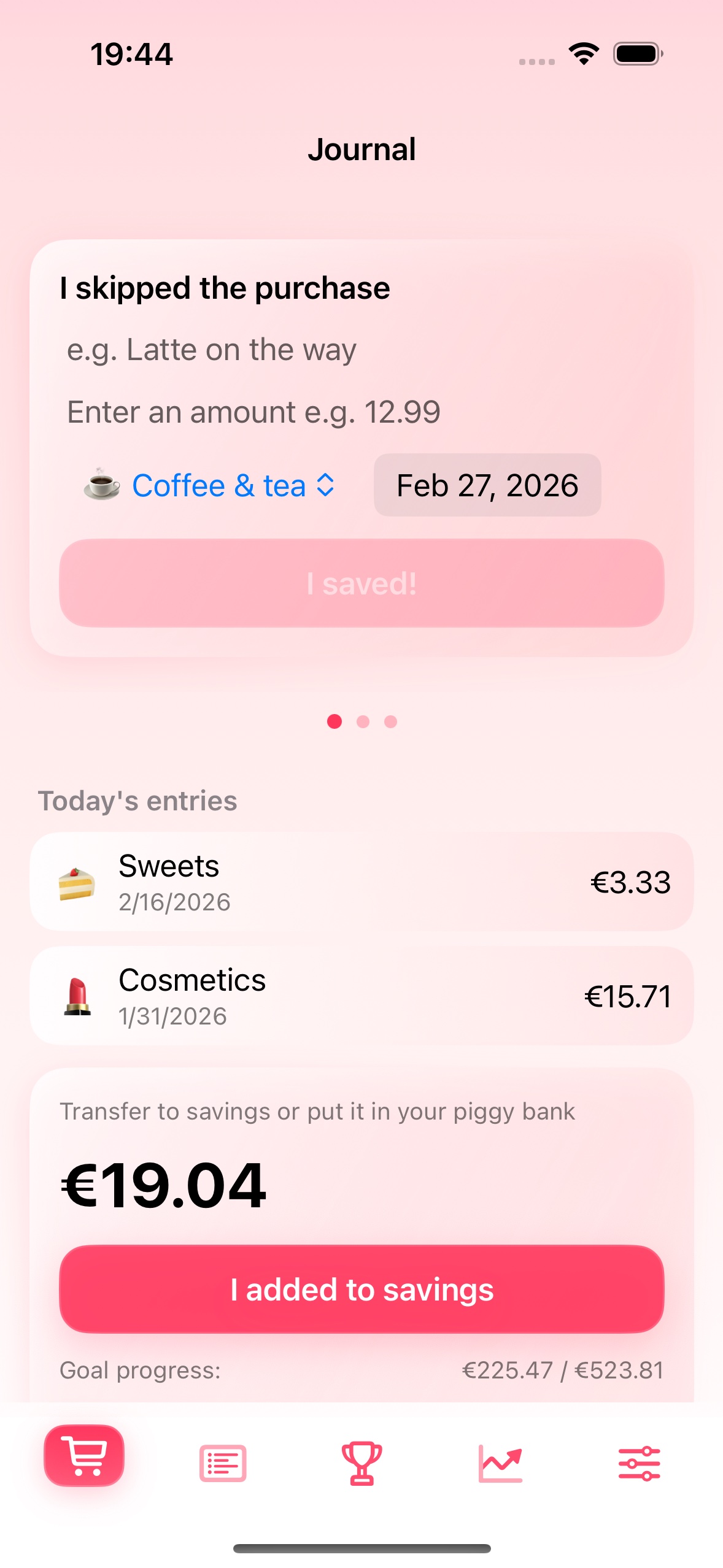 Journal screen in the Chrumek app