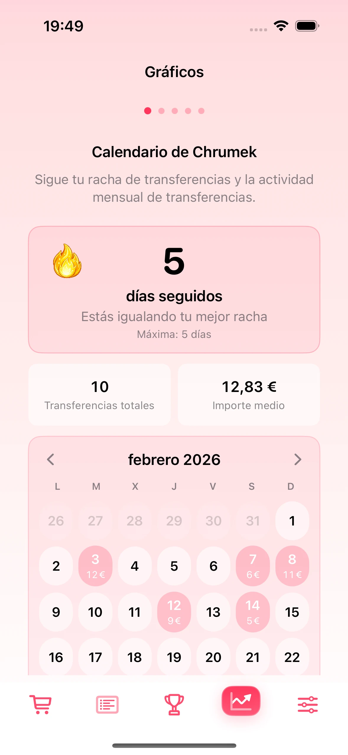 Pantalla del calendario de transferencias en la app