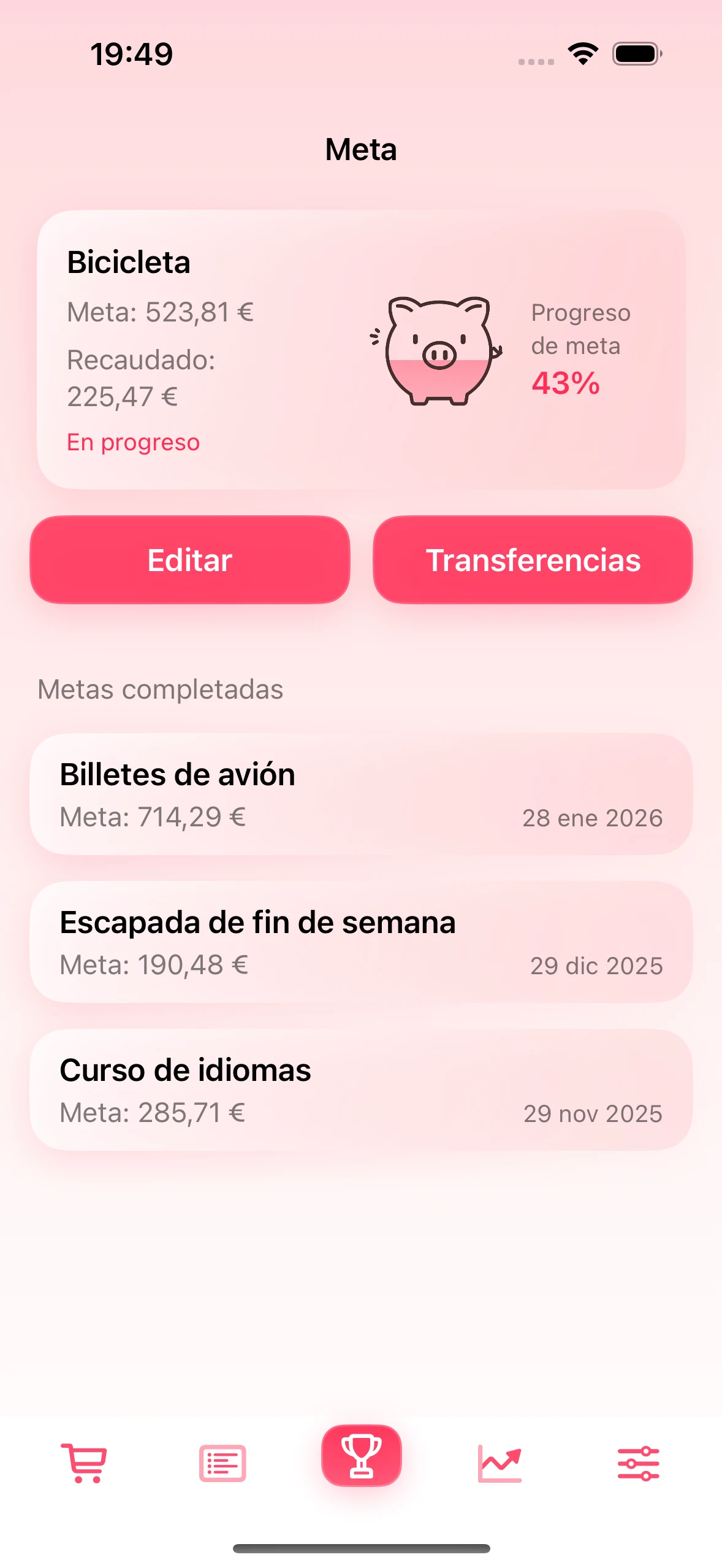 Pantalla del objetivo de ahorro en la app