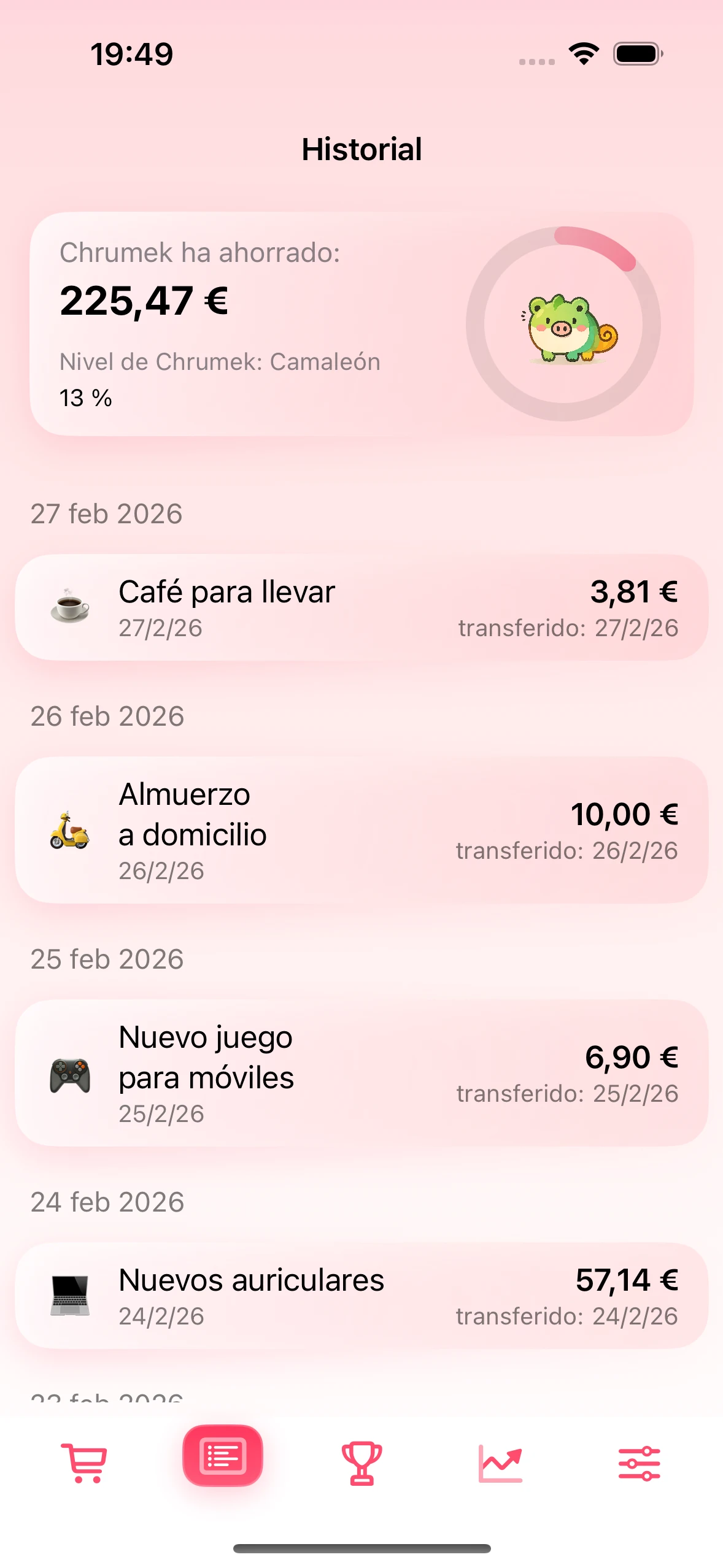 Pantalla del historial con ahorros confirmados