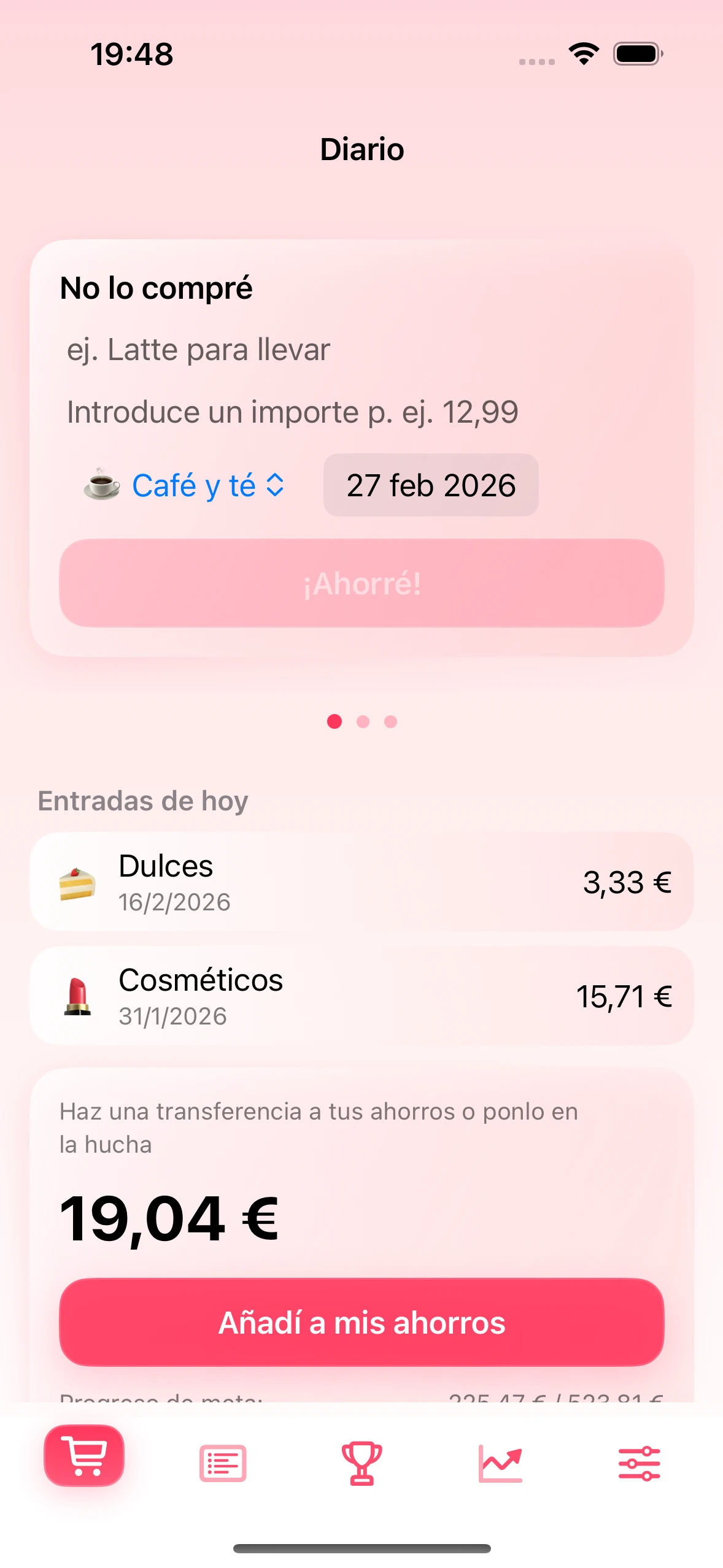 Pantalla del diario en la app Chrumek