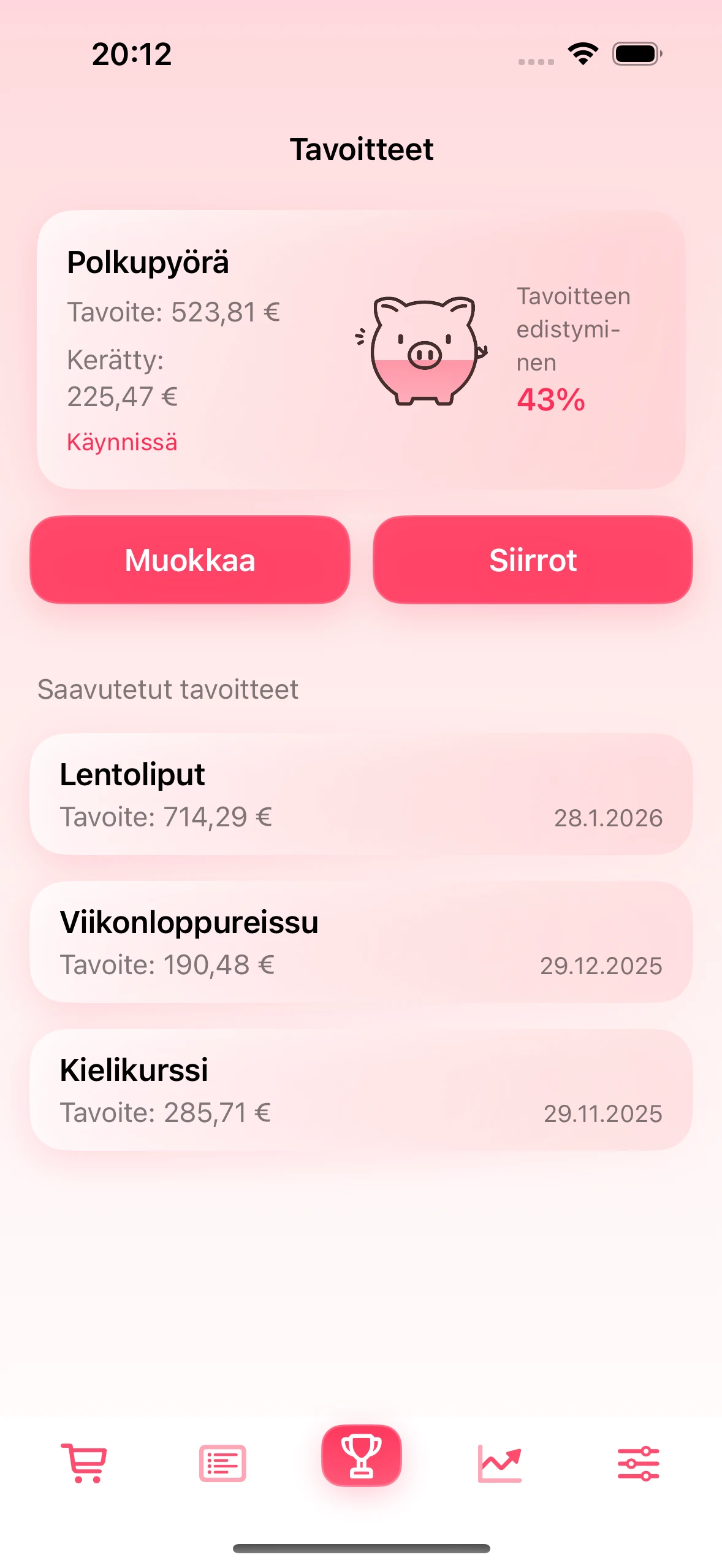 Säästötavoitteen näkymä sovelluksessa
