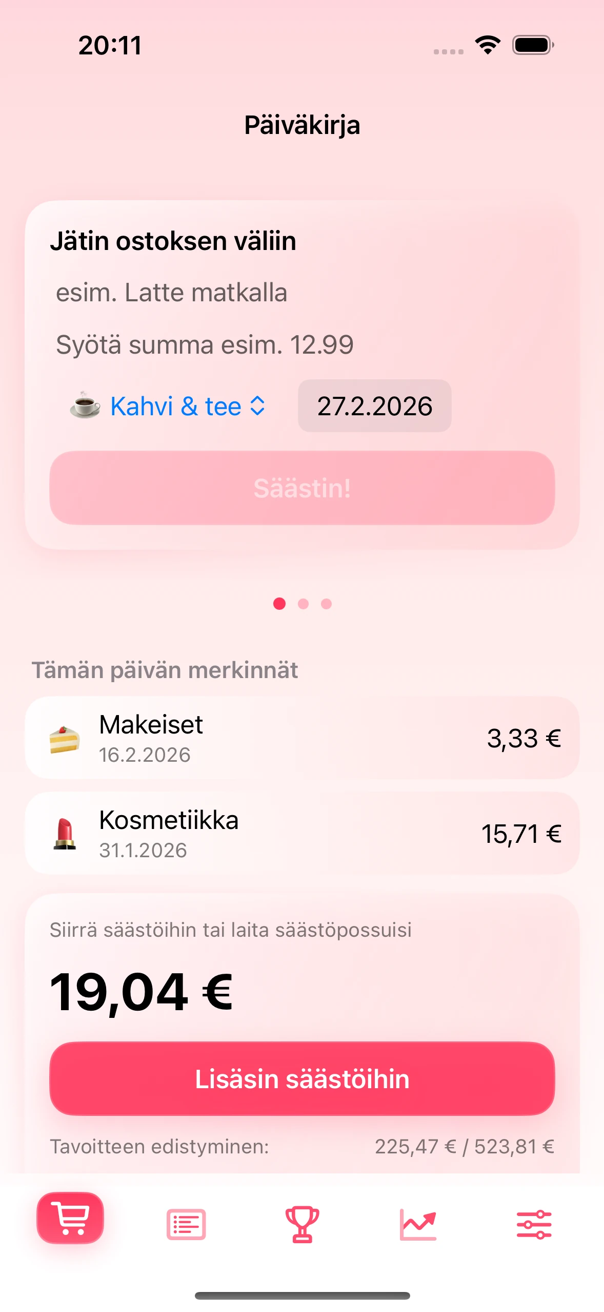 Päiväkirjanäkymä Chrumek-sovelluksessa