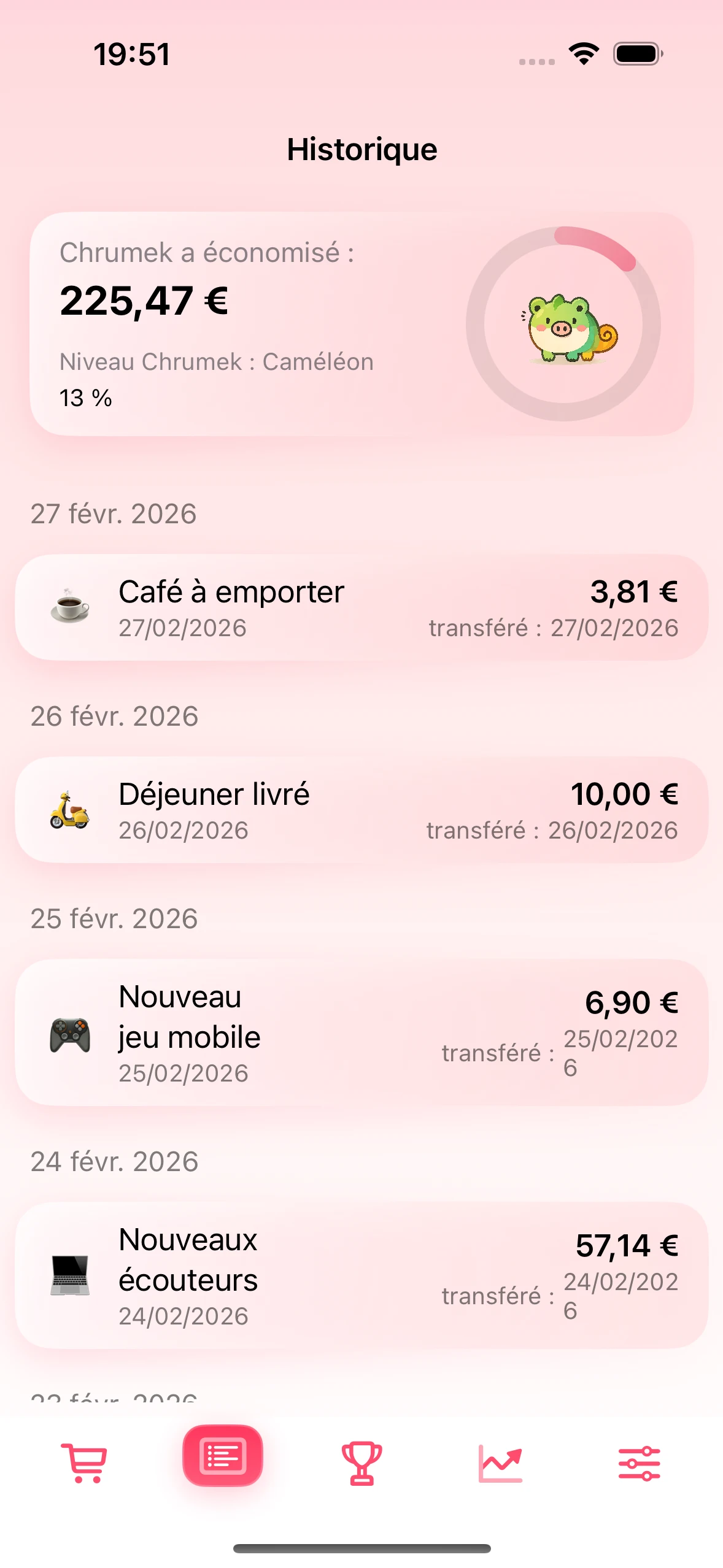 Écran Historique avec les économies confirmées