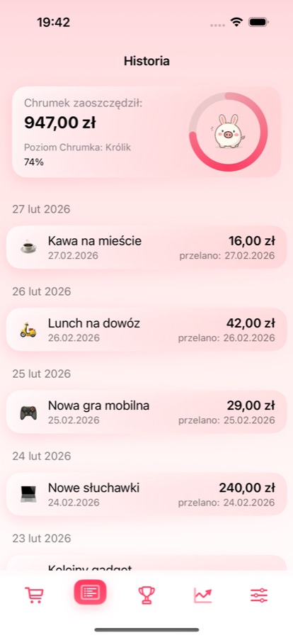 Ekran historii potwierdzonych oszczędności