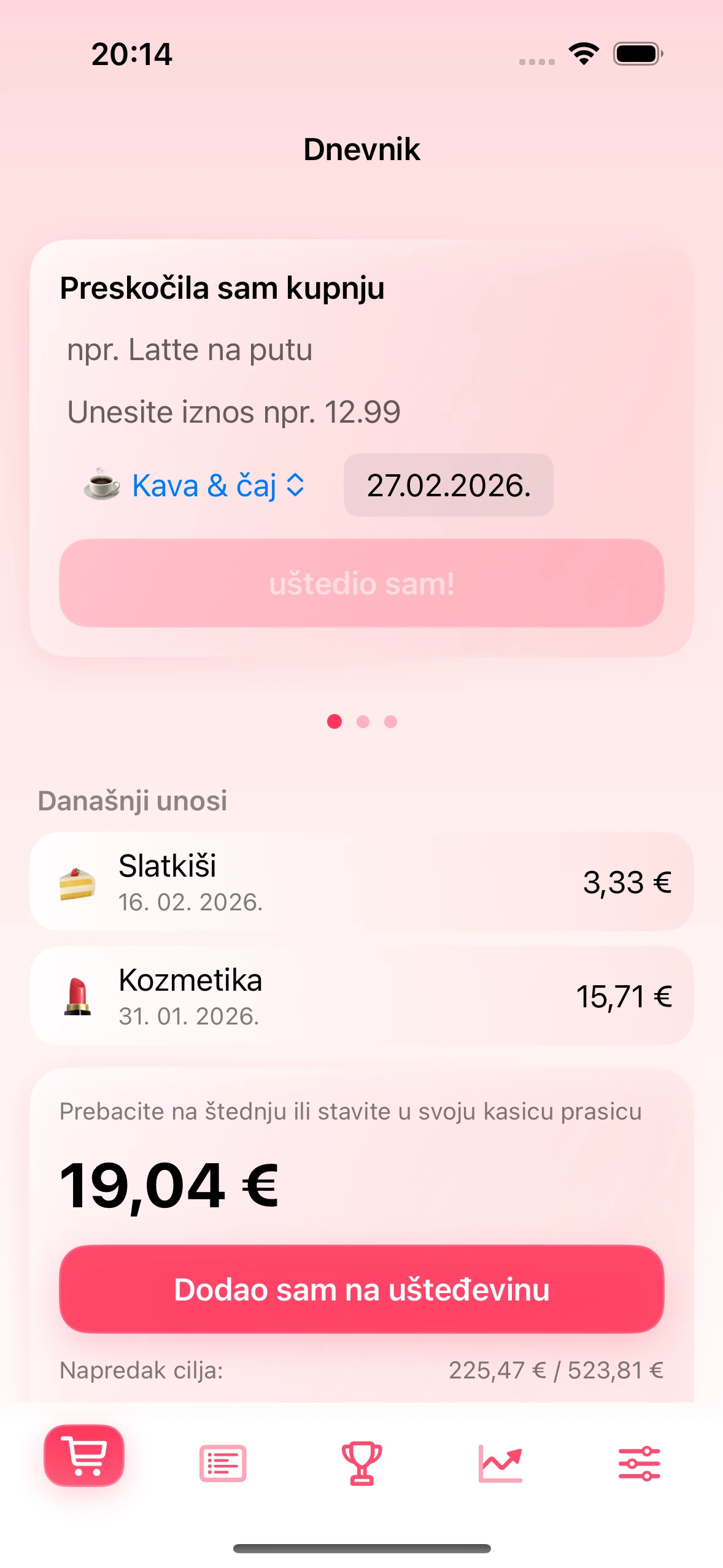 Ekran dnevnika u aplikaciji Chrumek