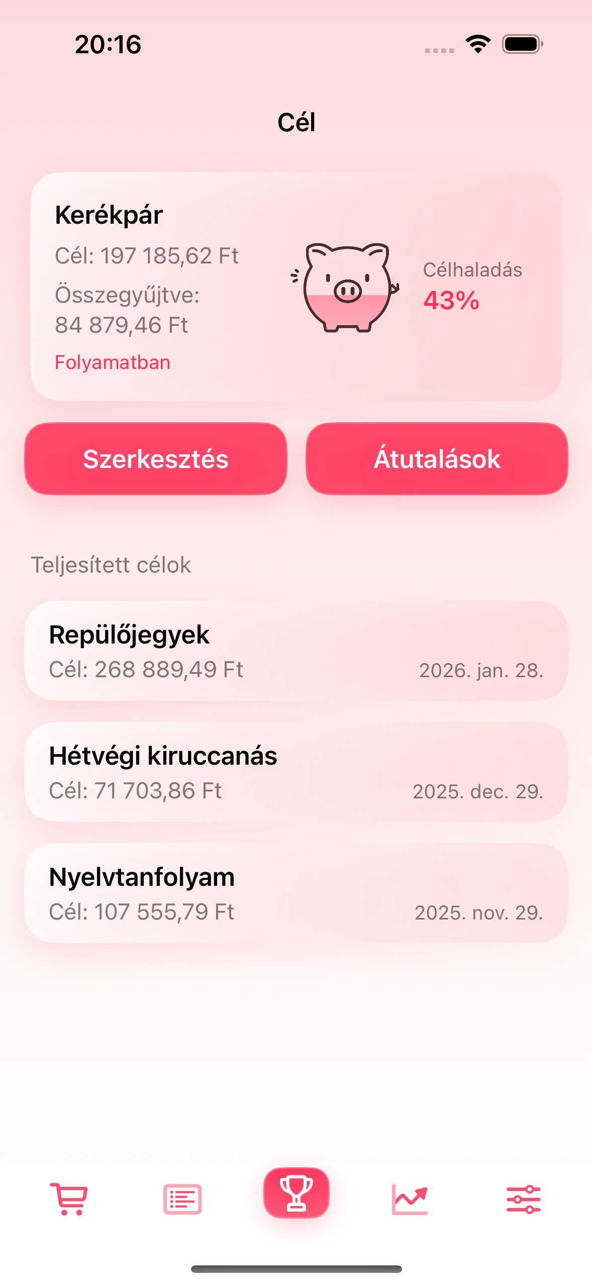 Megtakarítási cél képernyő az alkalmazásban