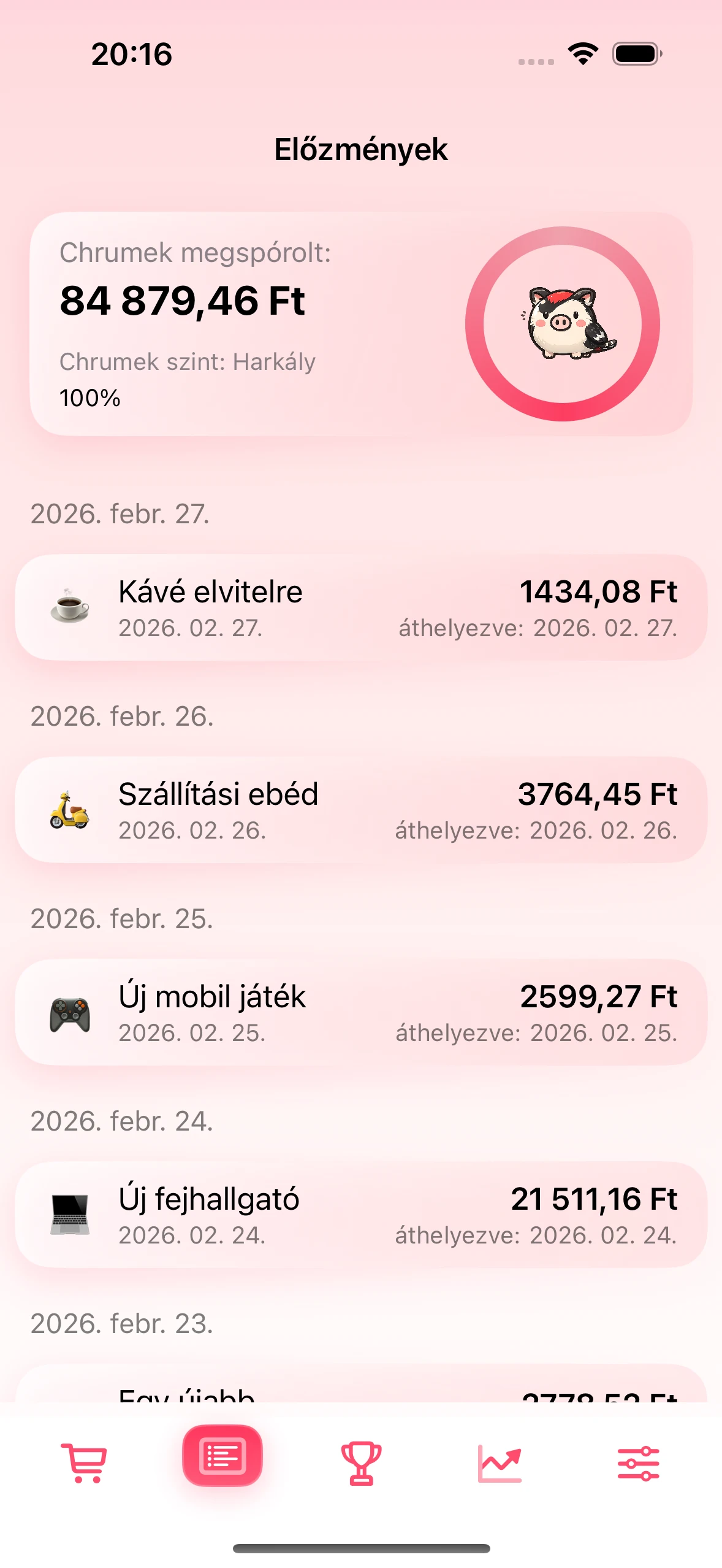 Előzmények képernyő jóváhagyott megtakarításokkal