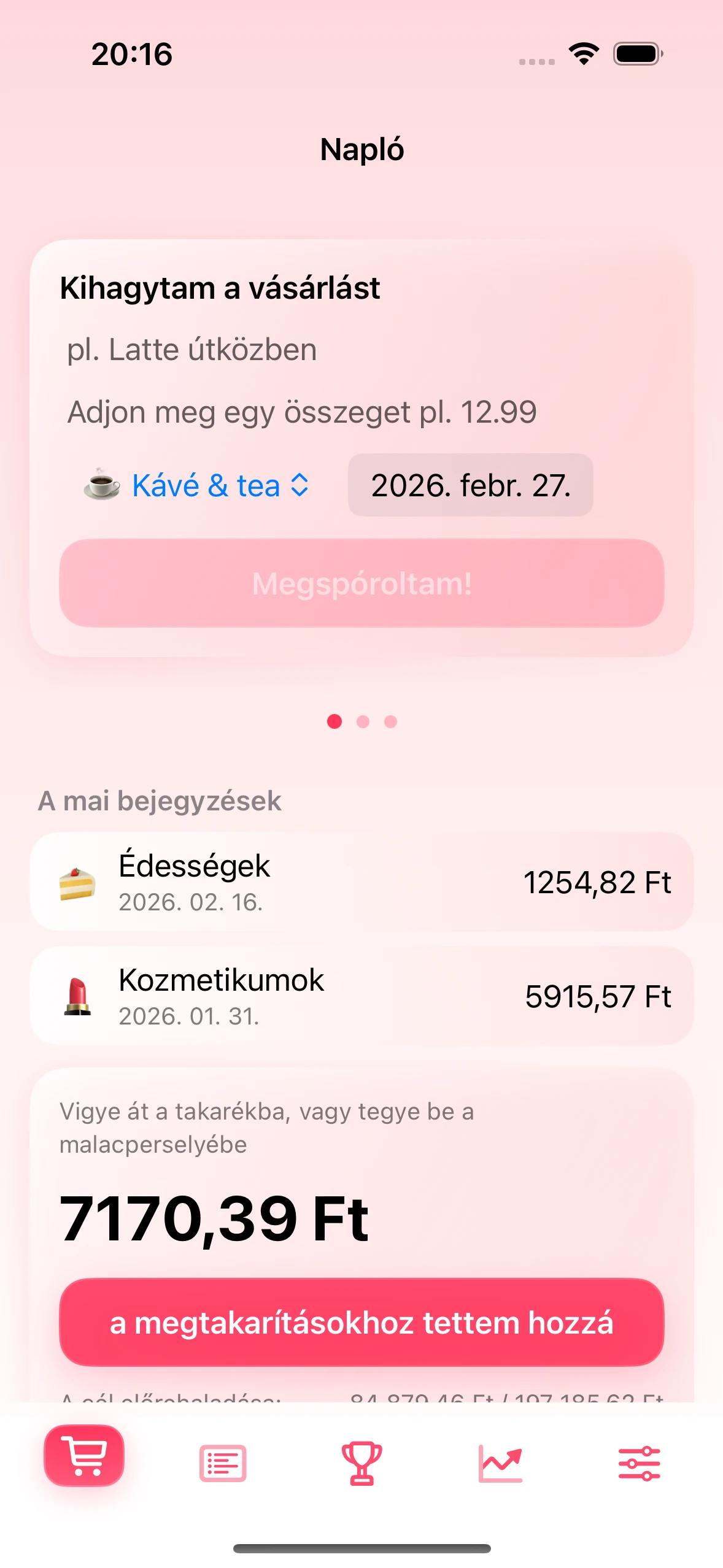 Napló képernyő a Chrumek alkalmazásban