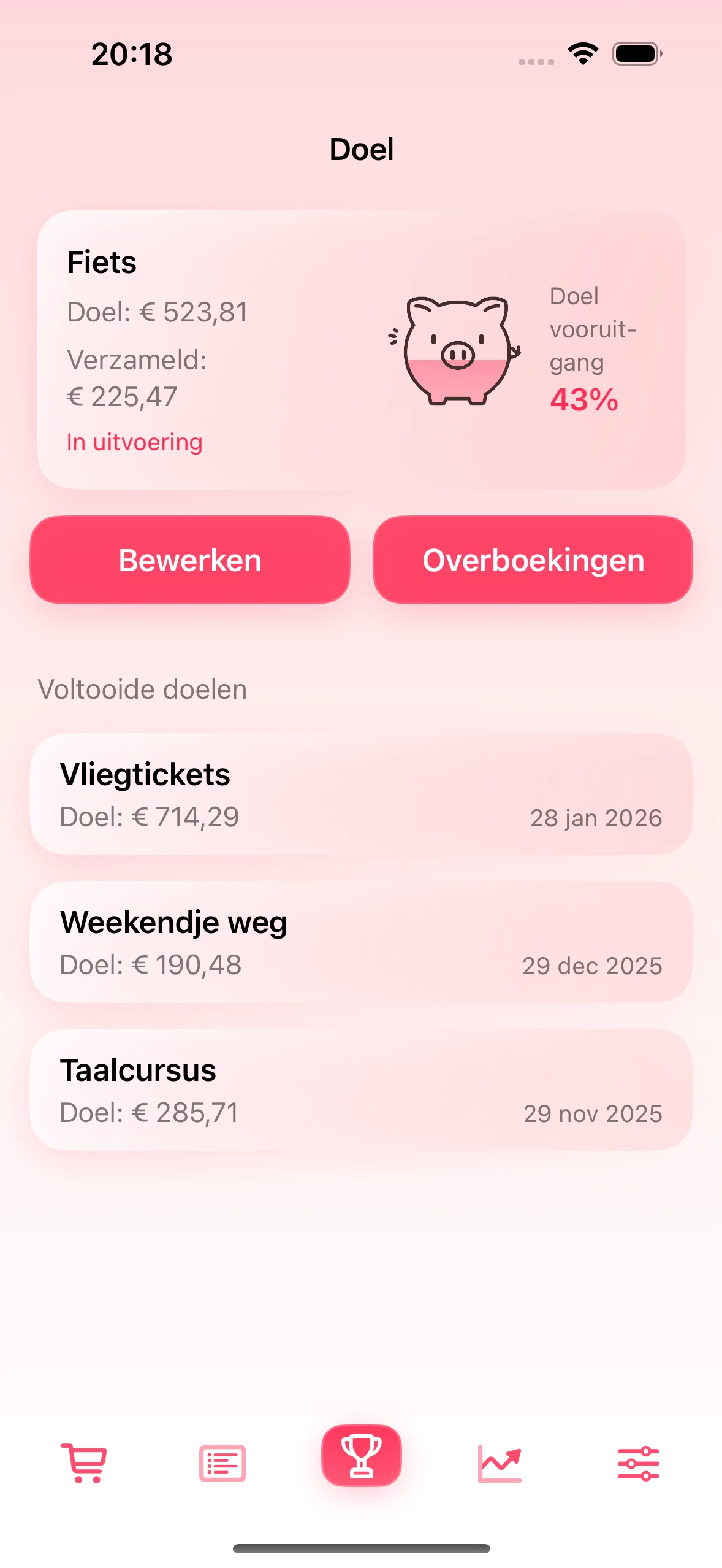 Doelscherm voor sparen in de app