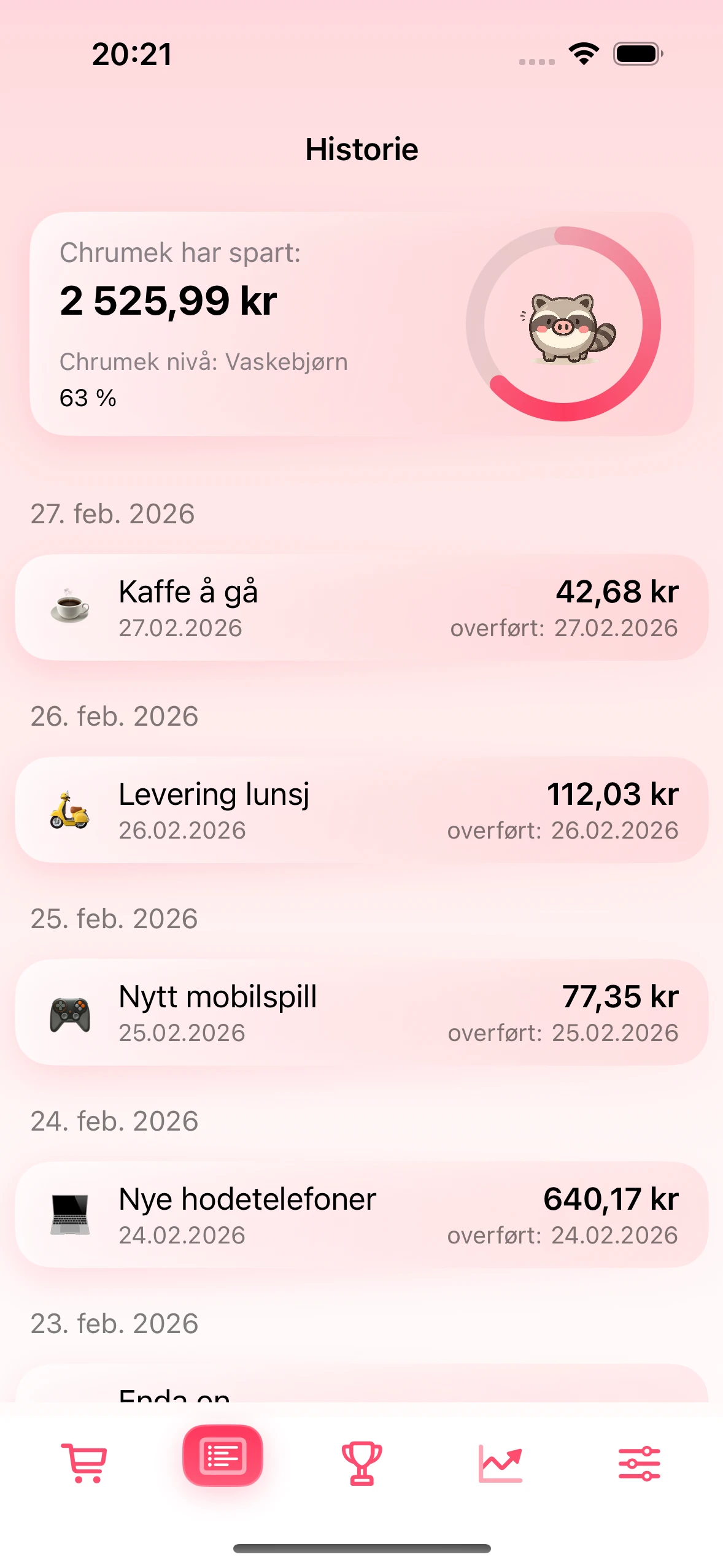 Historikkskjerm med bekreftede besparelser