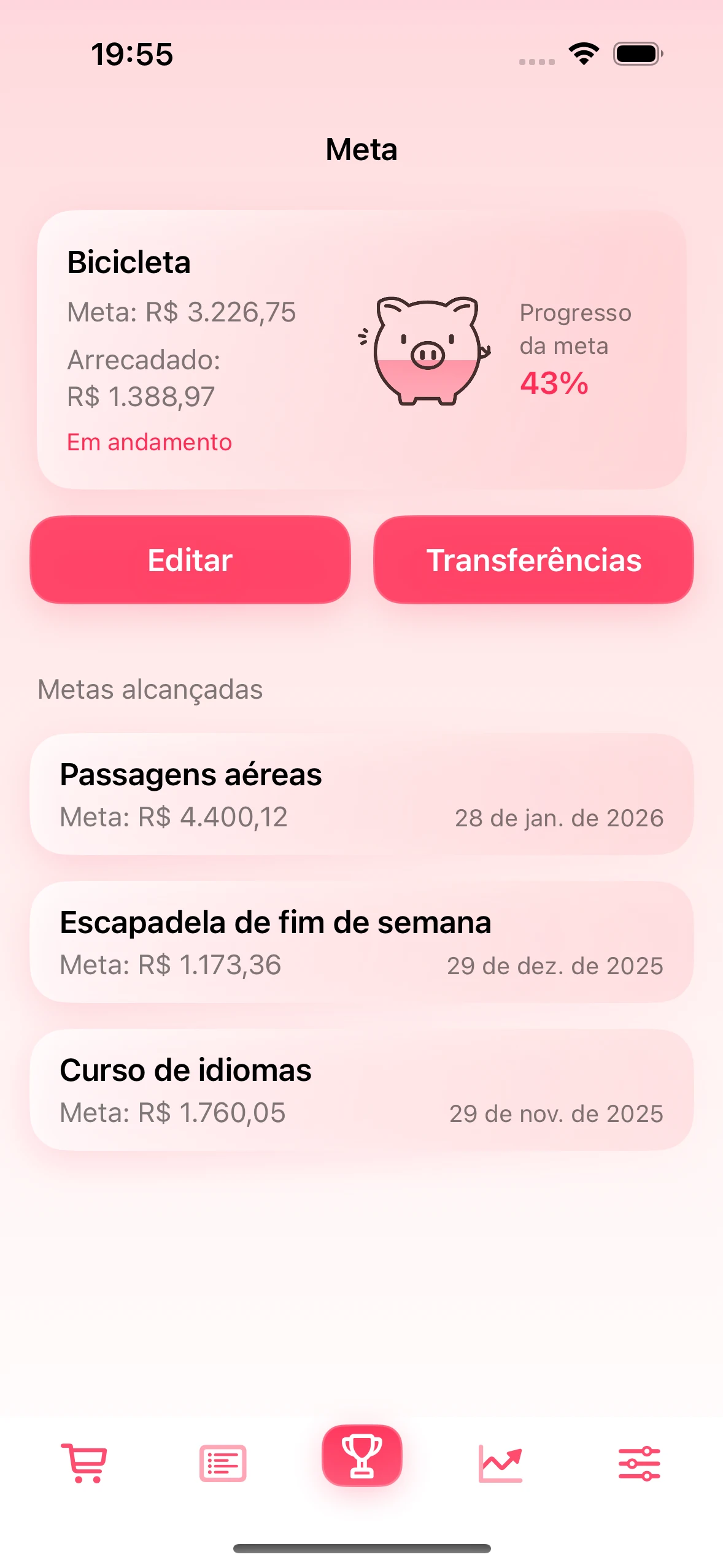 Tela de meta de economia no app