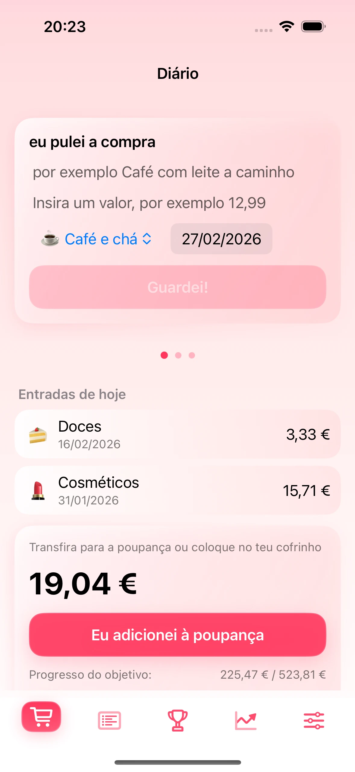 Ecrã Diário na app Chrumek