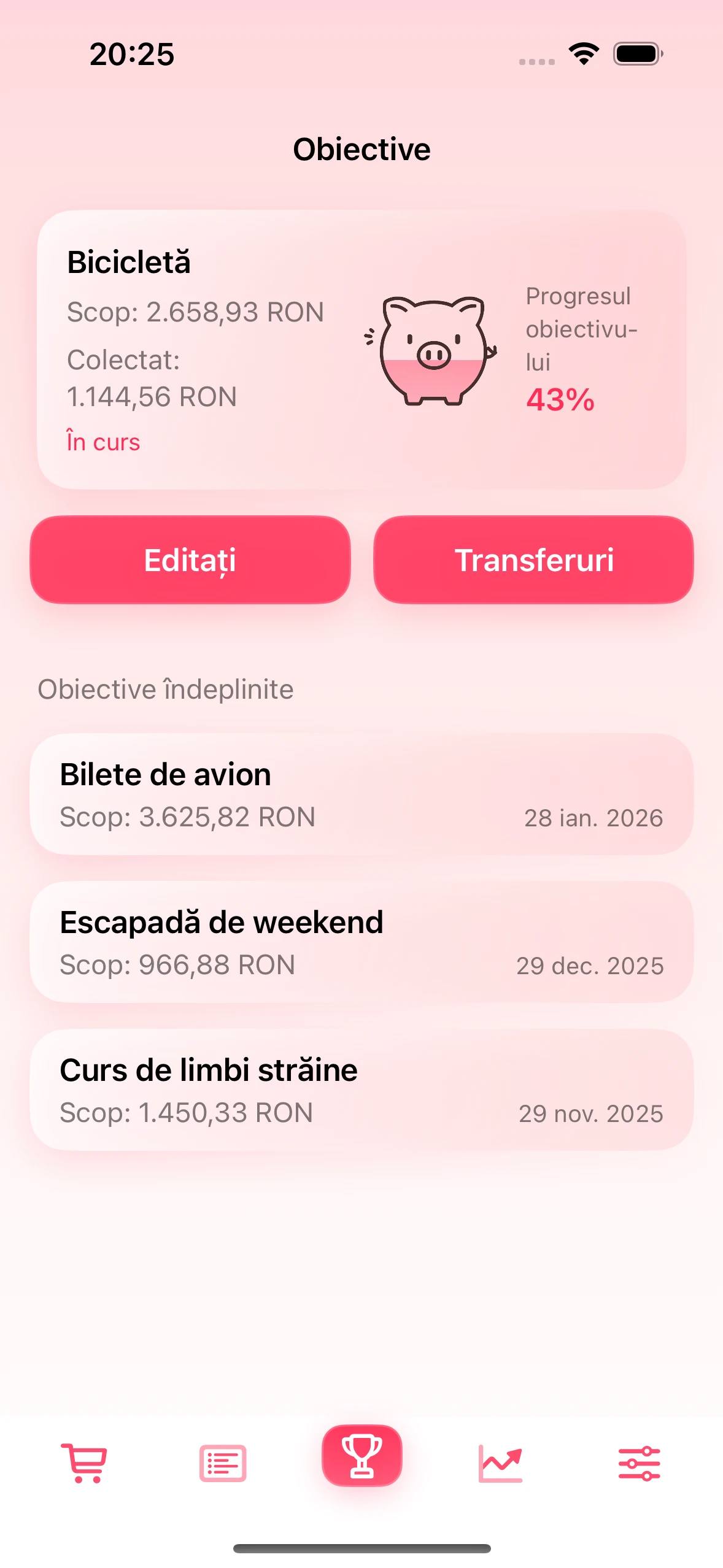 Ecranul obiectivului de economisire din aplicație