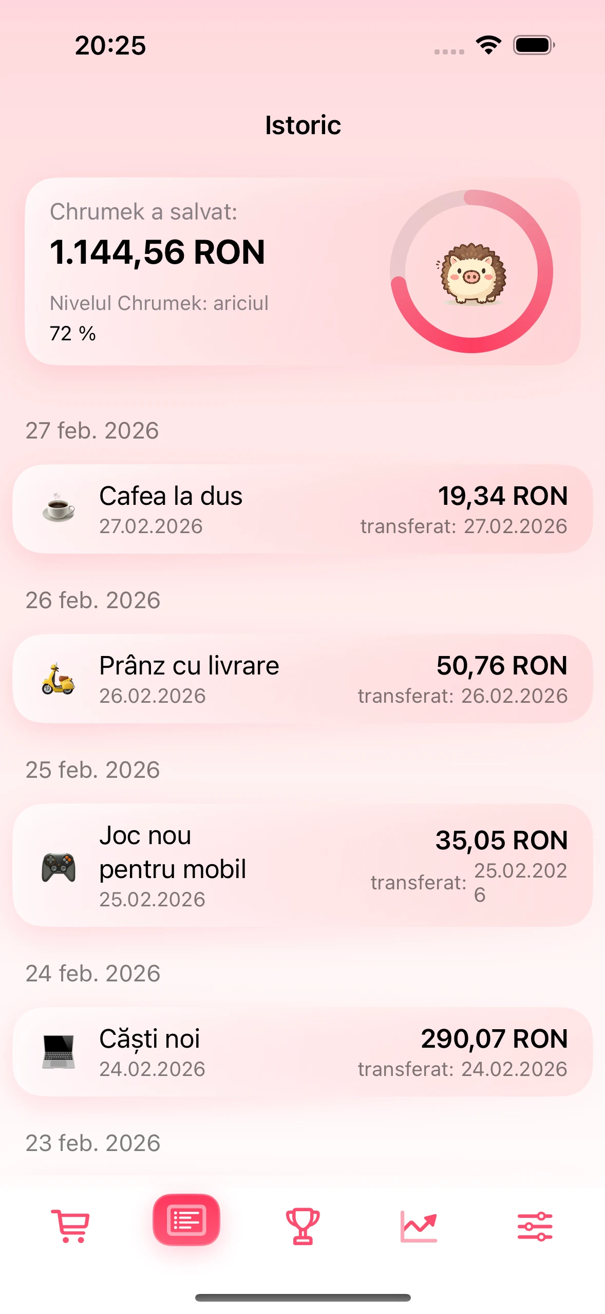 Ecranul Istoric cu economii confirmate