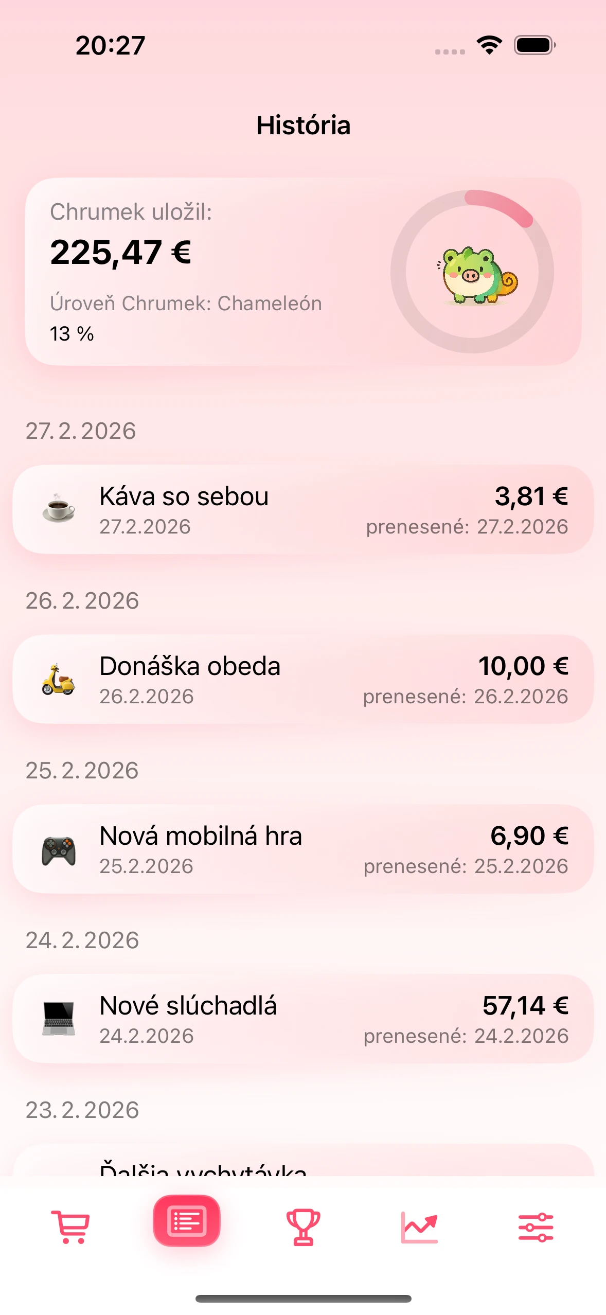 Obrazovka histórie s potvrdenými úsporami