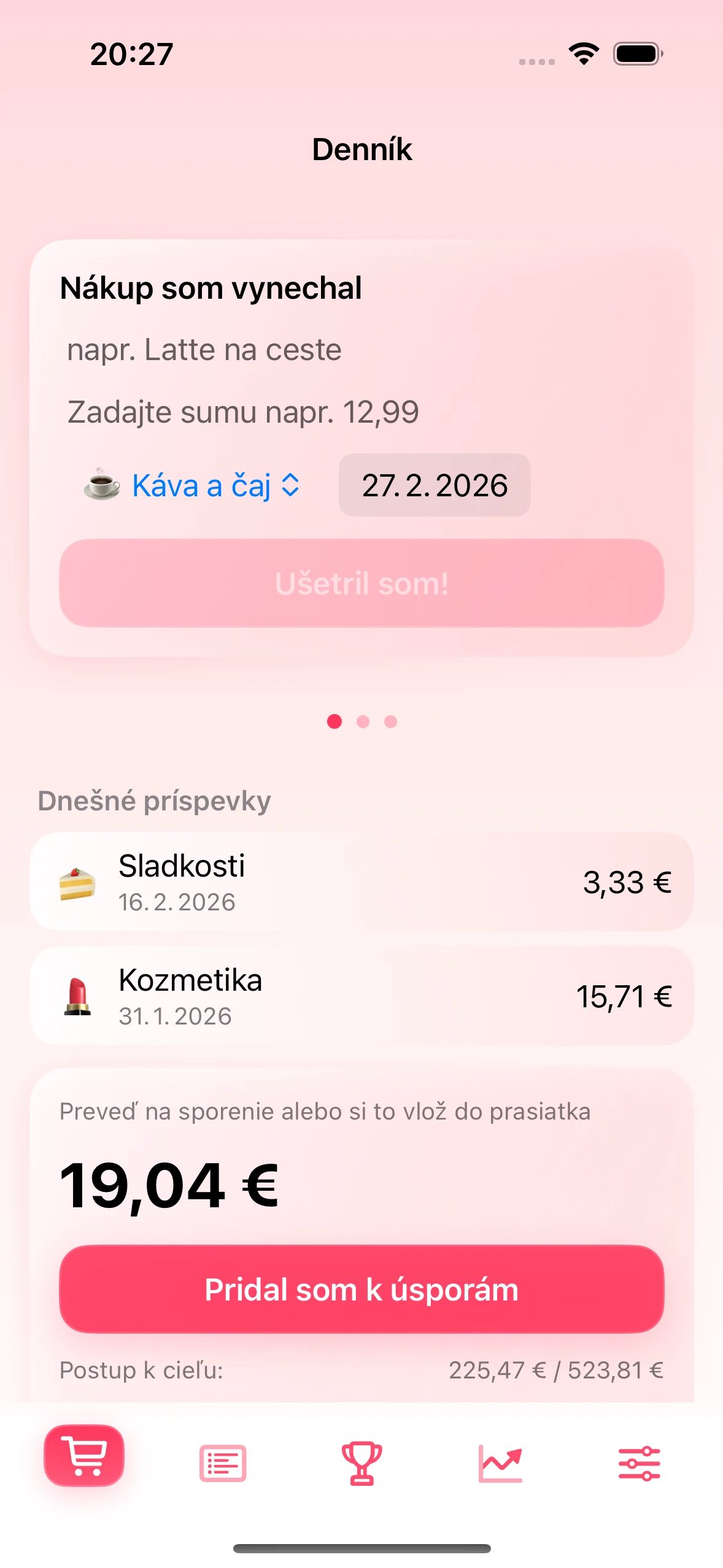 Obrazovka denníka v aplikácii Chrumek