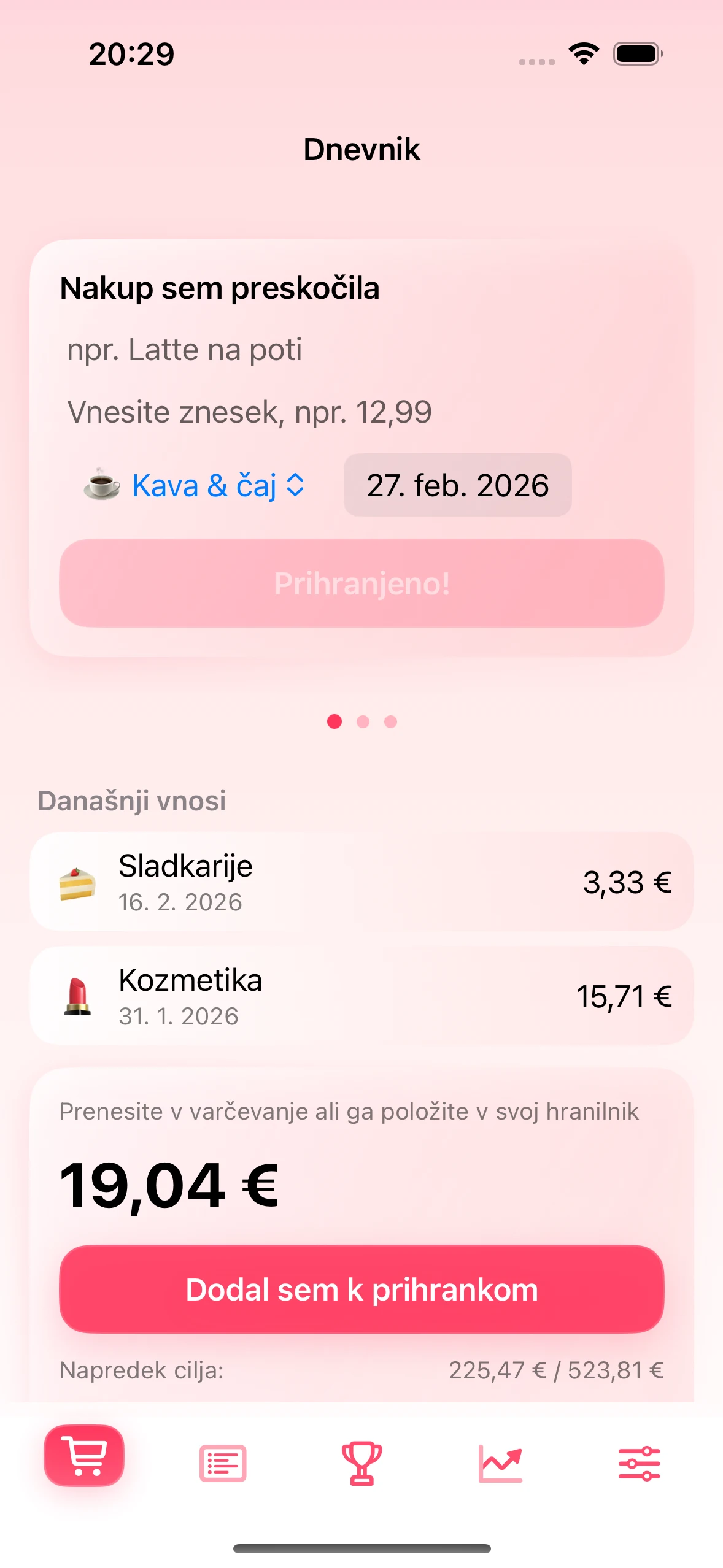 Zaslon dnevnika v aplikaciji Chrumek