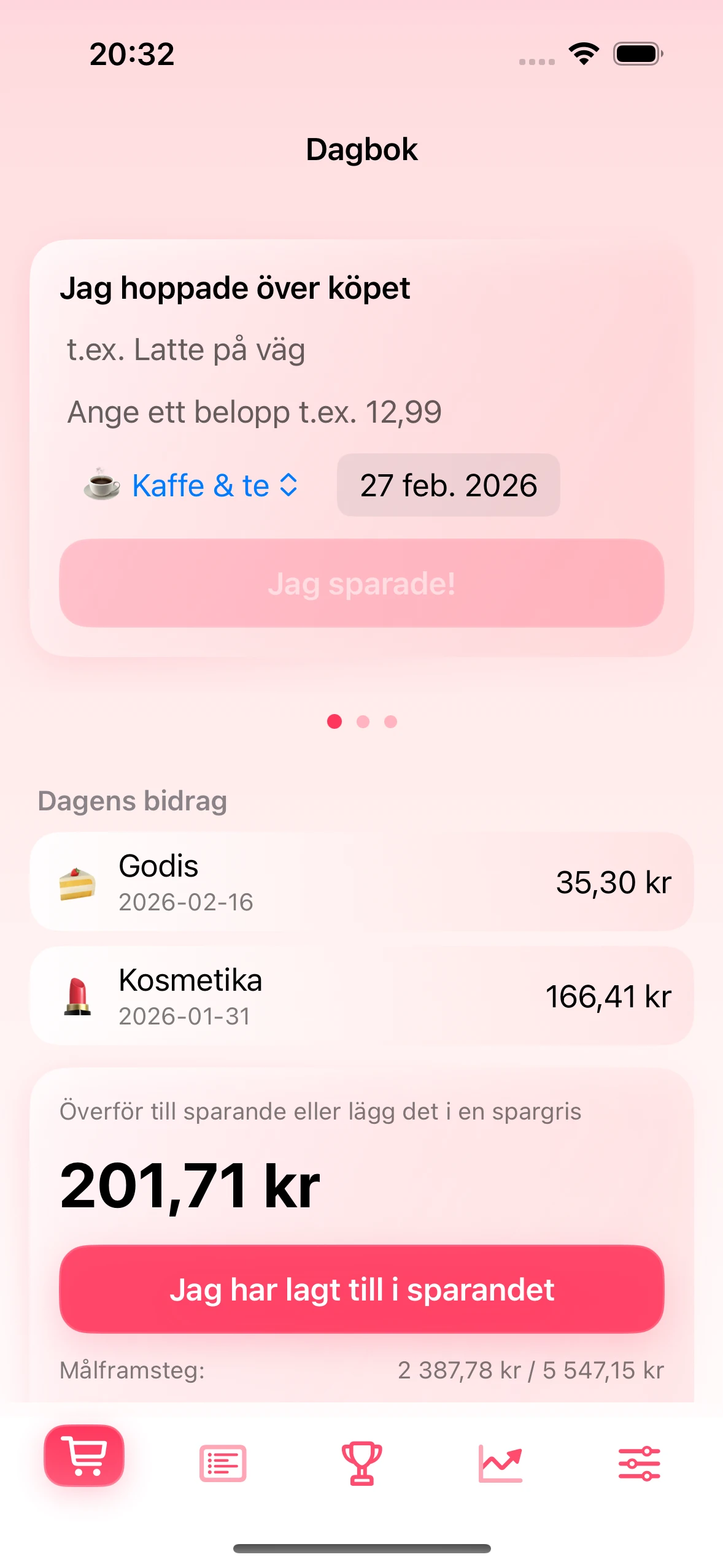 Journalskärm i Chrumek-appen