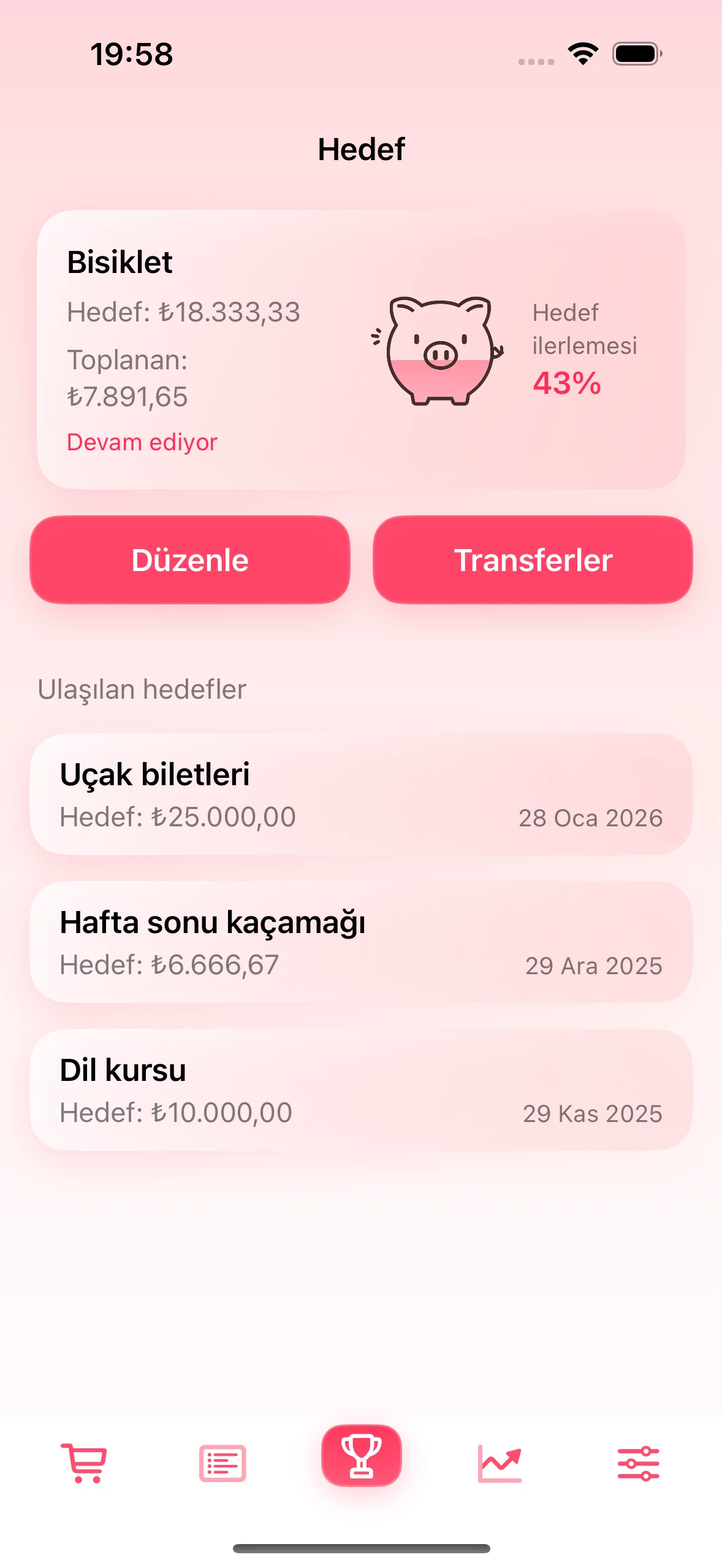 Uygulamadaki birikim hedefi ekranı