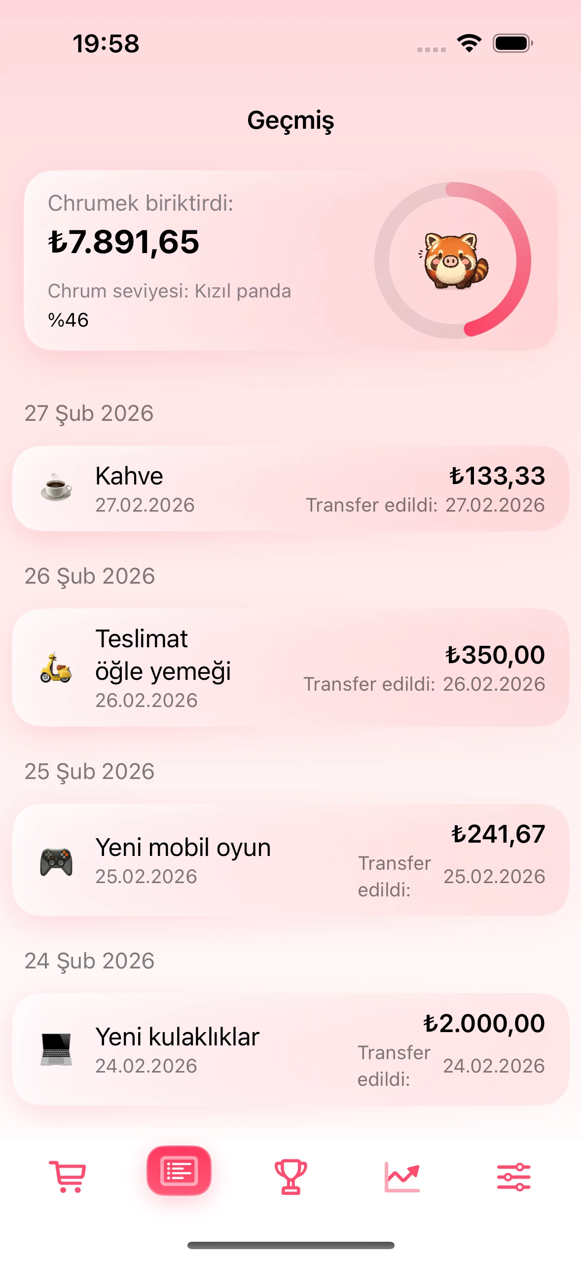 Onaylanmış birikimleri gösteren Geçmiş ekranı
