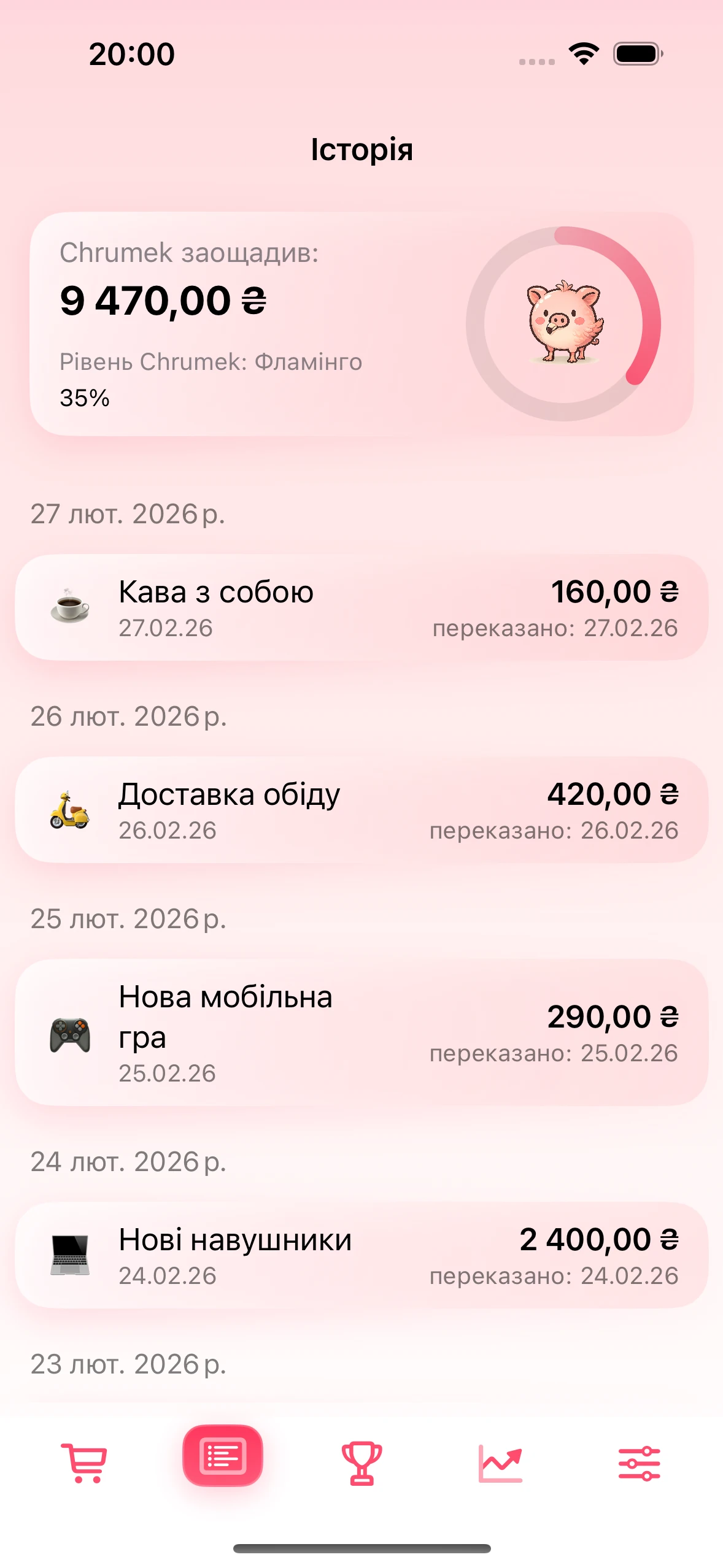 Екран історії з підтвердженими заощадженнями